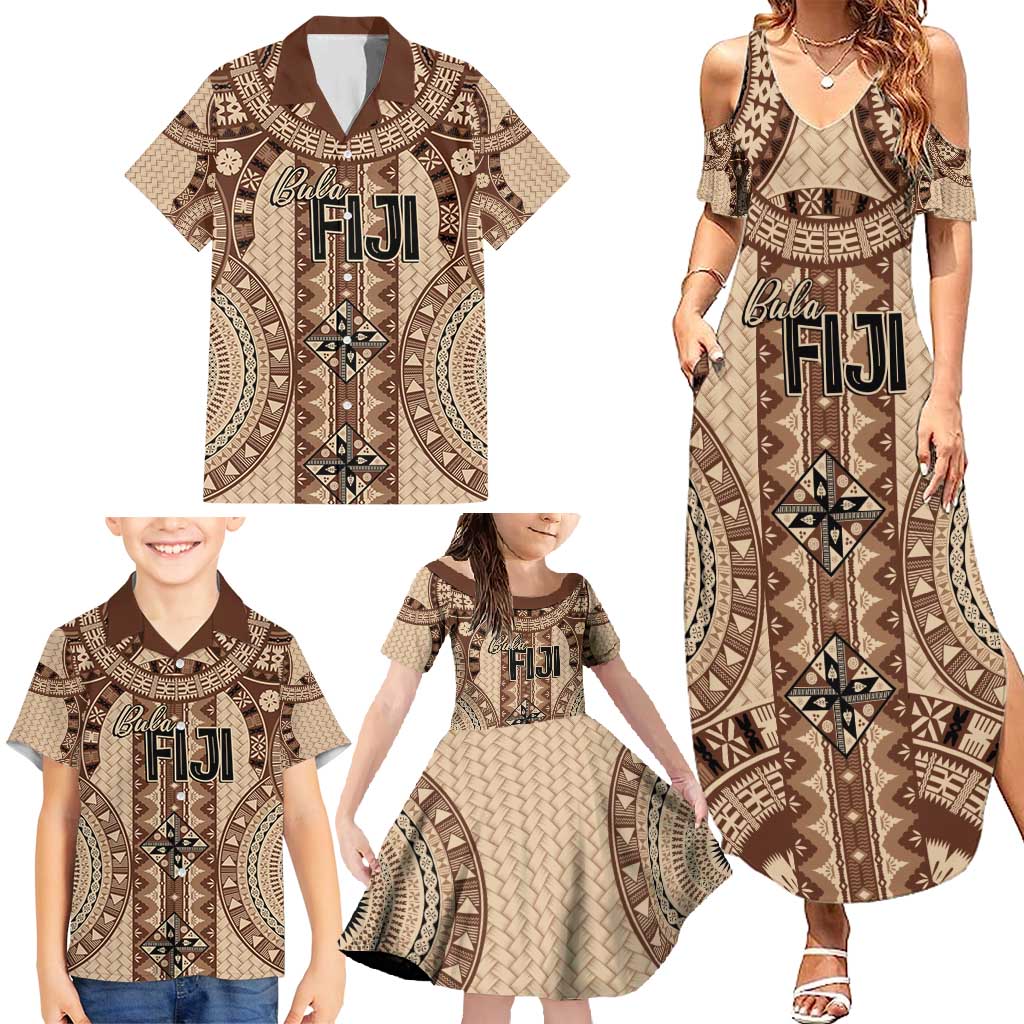 Bula Fiji Vintage Family Matching Summer Maxi Dress and Hawaiian Shirt Brown Masi Motifs LT7 - Polynesian Pride