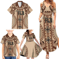 Bula Fiji Vintage Family Matching Summer Maxi Dress and Hawaiian Shirt Brown Masi Motifs LT7 - Polynesian Pride