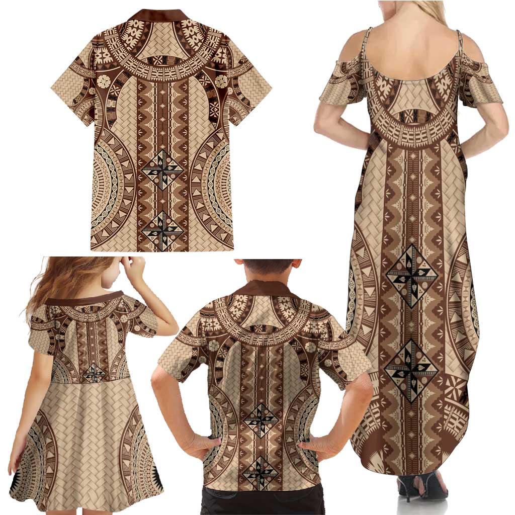 Bula Fiji Vintage Family Matching Summer Maxi Dress and Hawaiian Shirt Brown Masi Motifs LT7 - Polynesian Pride
