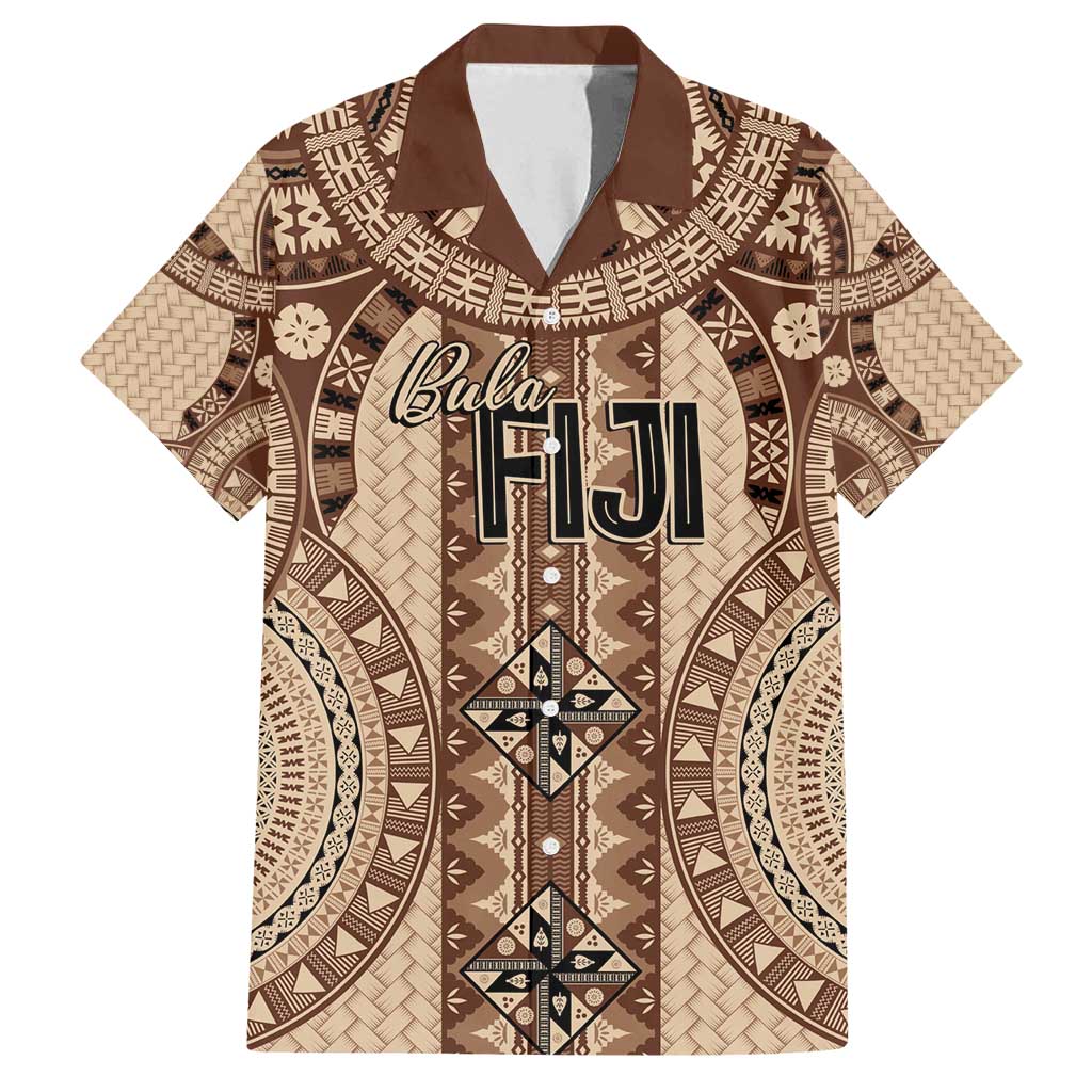 Bula Fiji Vintage Family Matching Summer Maxi Dress and Hawaiian Shirt Brown Masi Motifs LT7 Dad's Shirt - Short Sleeve Brown - Polynesian Pride
