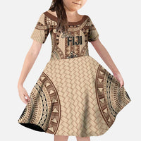 Bula Fiji Vintage Family Matching Tank Maxi Dress and Hawaiian Shirt Brown Masi Motifs LT7 Daughter's Dress Brown - Polynesian Pride