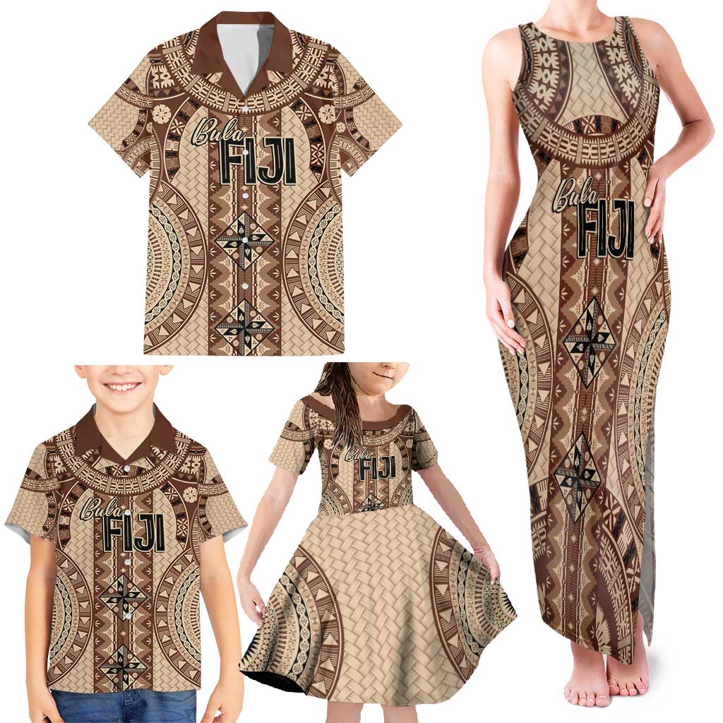 Bula Fiji Vintage Family Matching Tank Maxi Dress and Hawaiian Shirt Brown Masi Motifs LT7 - Polynesian Pride