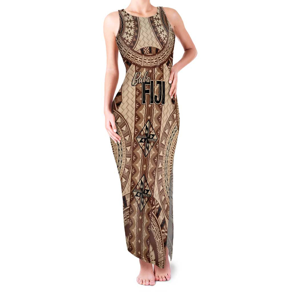 Bula Fiji Vintage Family Matching Tank Maxi Dress and Hawaiian Shirt Brown Masi Motifs LT7 Mom's Dress Brown - Polynesian Pride