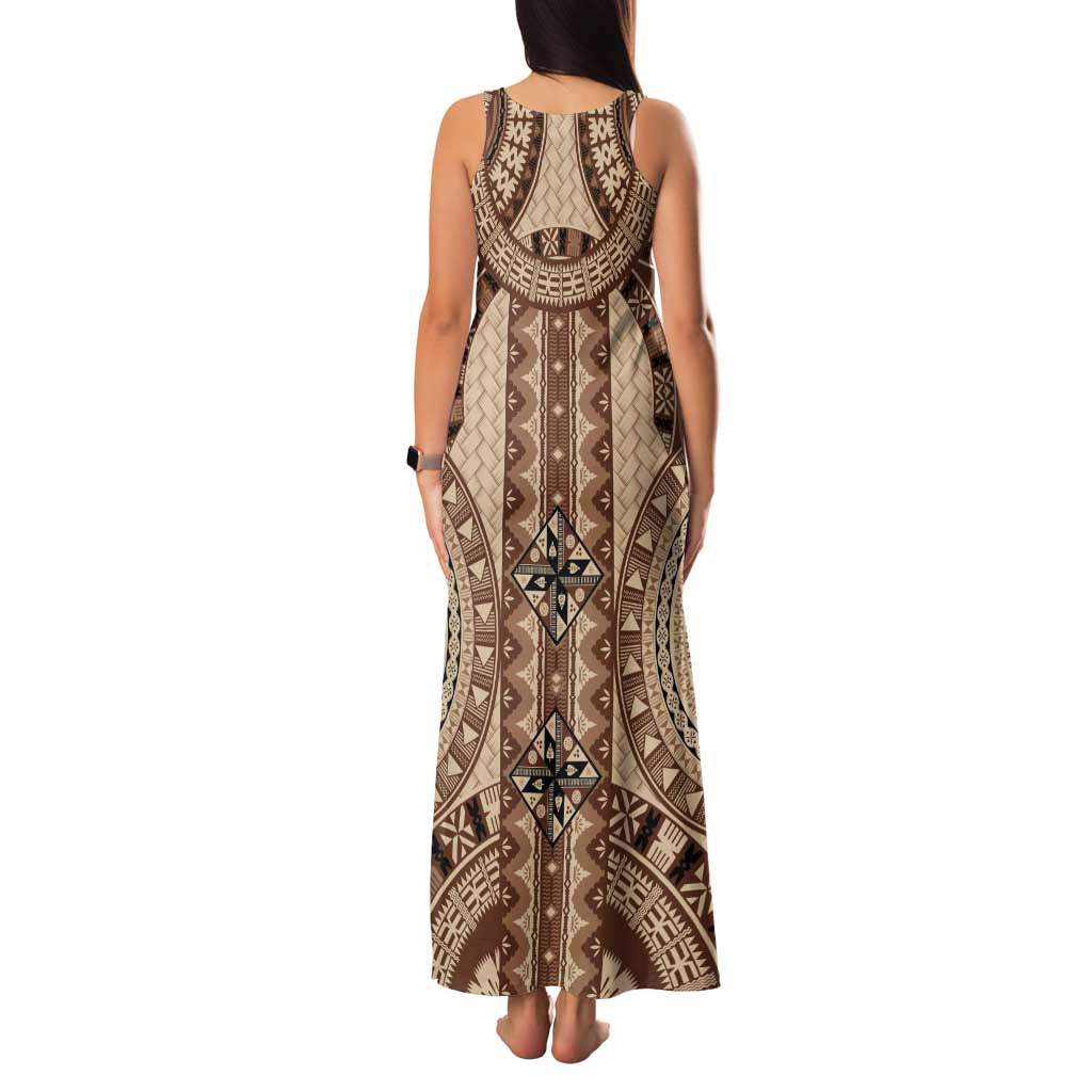 Bula Fiji Vintage Family Matching Tank Maxi Dress and Hawaiian Shirt Brown Masi Motifs LT7 - Polynesian Pride