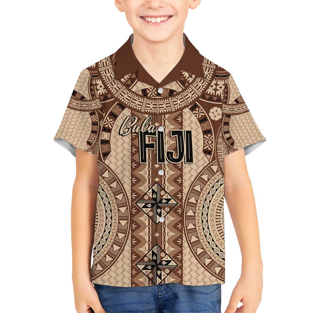 Bula Fiji Vintage Family Matching Tank Maxi Dress and Hawaiian Shirt Brown Masi Motifs LT7 Son's Shirt Brown - Polynesian Pride