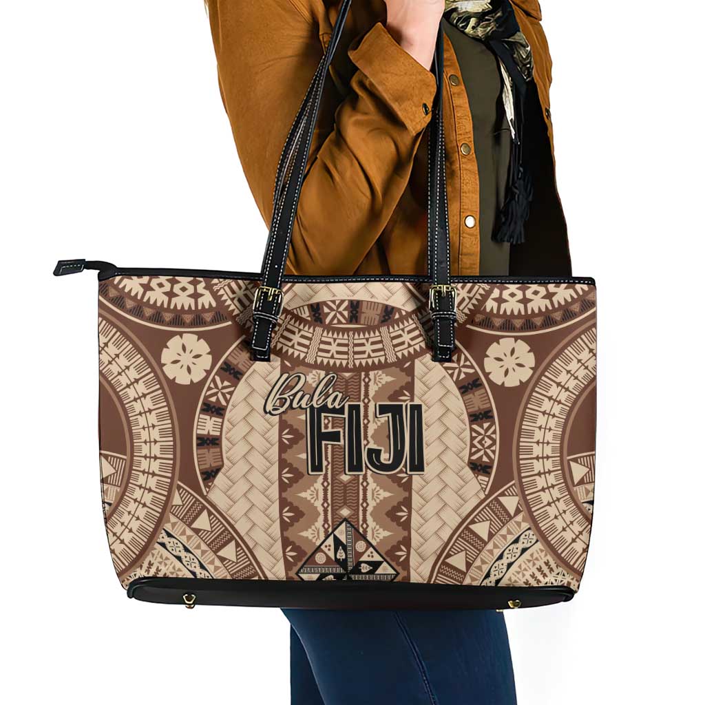 Bula Fiji Vintage Leather Tote Bag Brown Masi Motifs