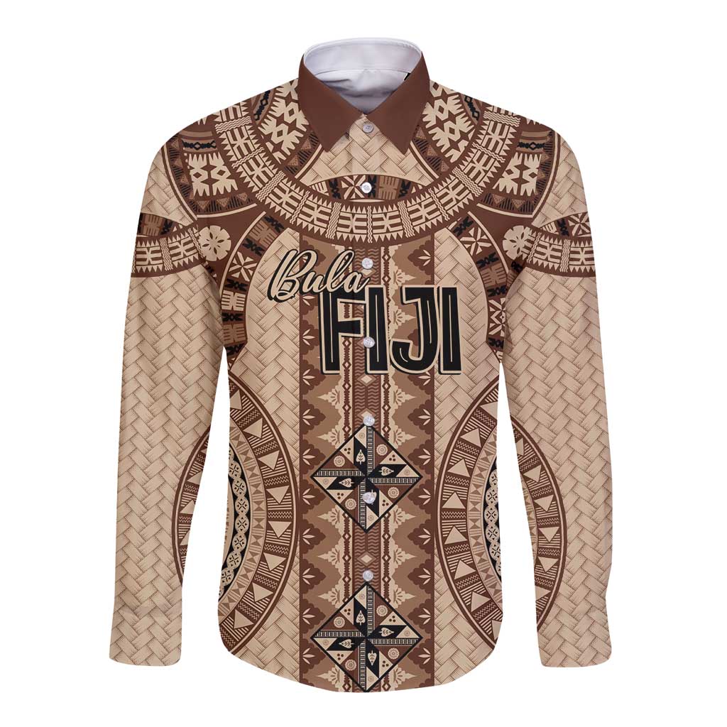 Bula Fiji Vintage Long Sleeve Button Shirt Brown Masi Motifs