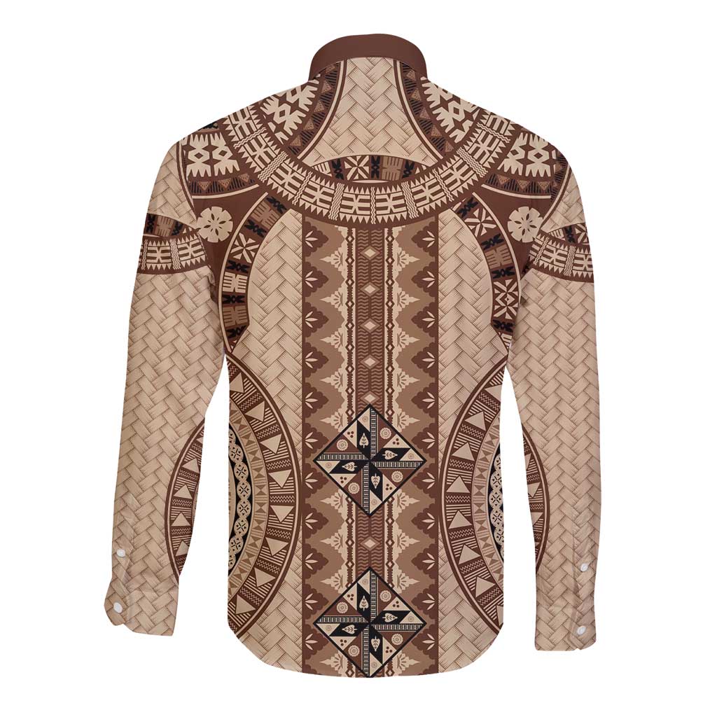 Bula Fiji Vintage Long Sleeve Button Shirt Brown Masi Motifs