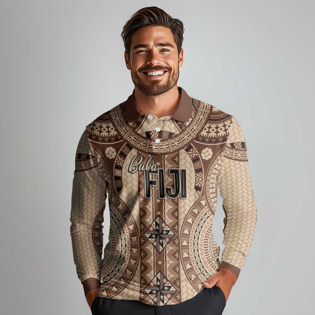 Bula Fiji Vintage Long Sleeve Polo Shirt Brown Masi Motifs