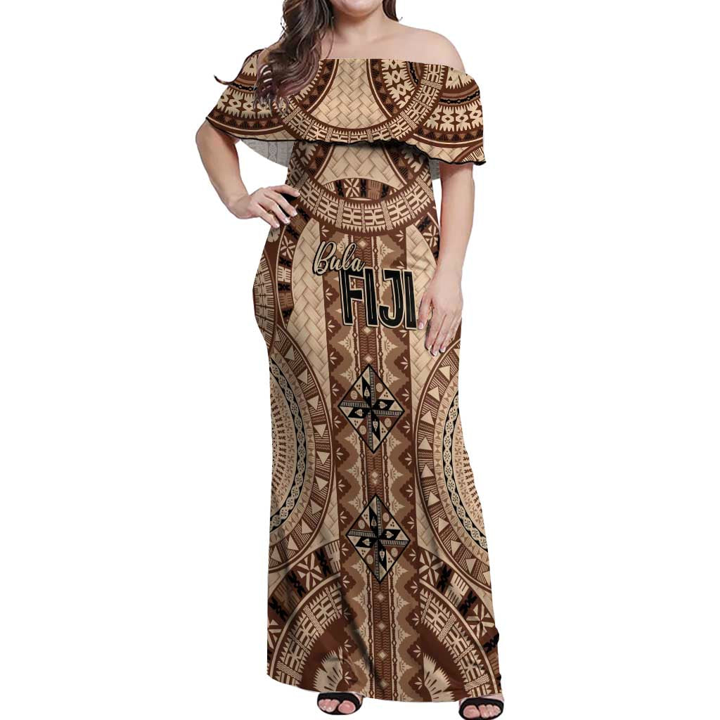 Bula Fiji Vintage Off Shoulder Maxi Dress Brown Masi Motifs
