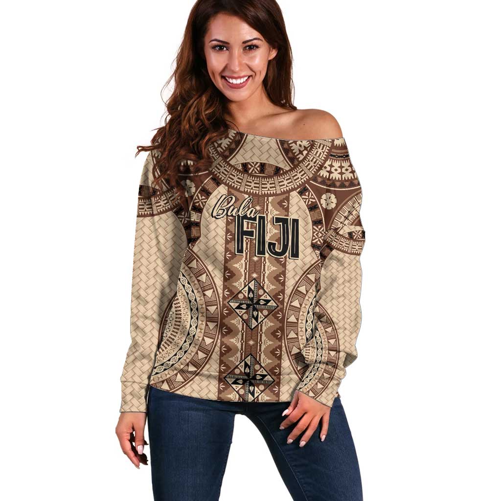 Bula Fiji Vintage Off Shoulder Sweater Brown Masi Motifs