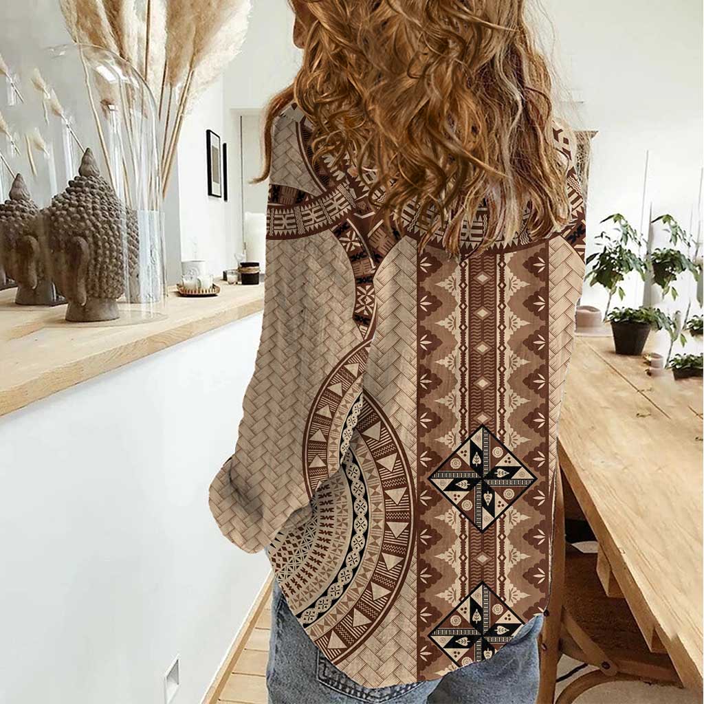 Bula Fiji Vintage Women Casual Shirt Brown Masi Motifs