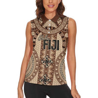 Bula Fiji Vintage Women Sleeveless Polo Shirt Brown Masi Motifs