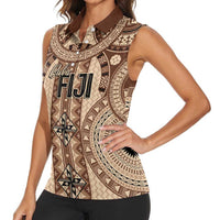 Bula Fiji Vintage Women Sleeveless Polo Shirt Brown Masi Motifs