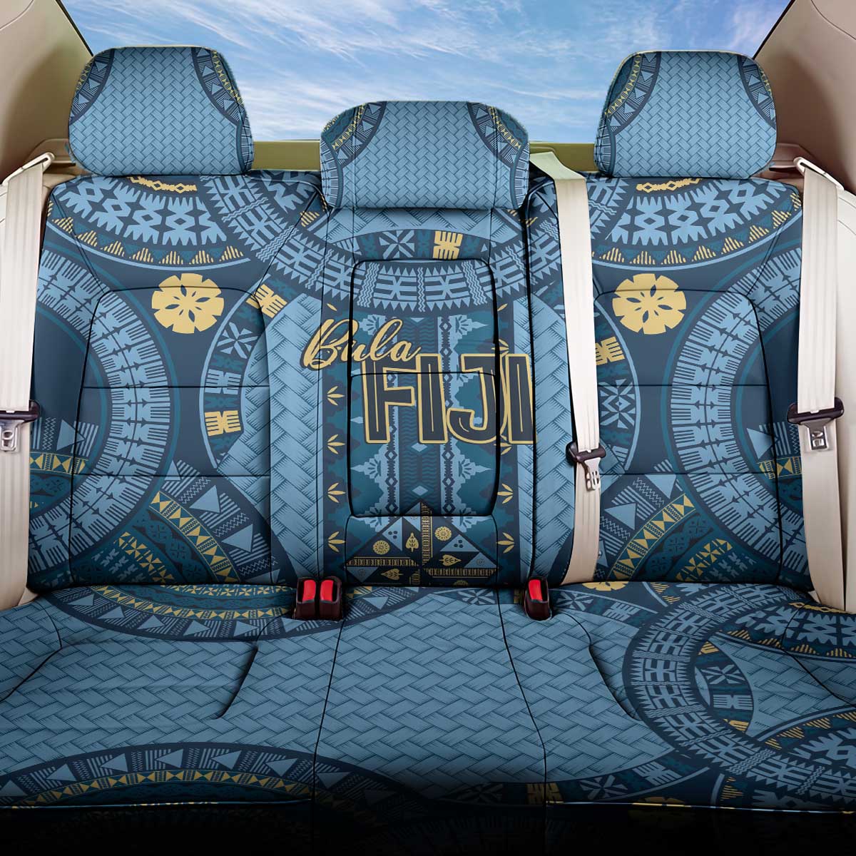 Bula Fiji Vintage Back Car Seat Cover Prussian Blue Masi Motifs LT7 One Size Prussian Blue - Polynesian Pride