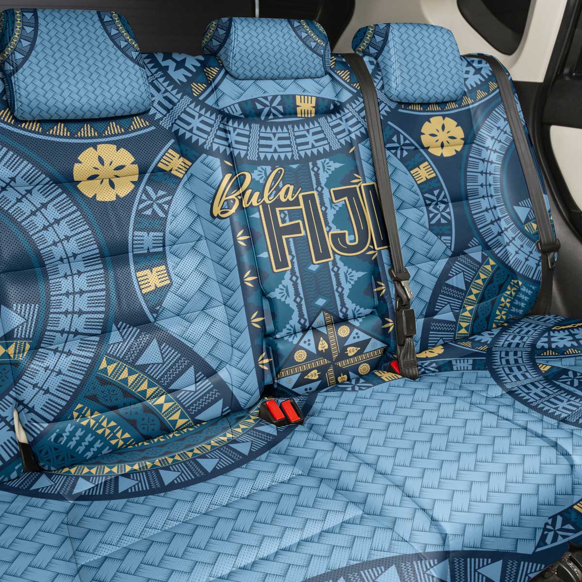 Bula Fiji Vintage Back Car Seat Cover Prussian Blue Masi Motifs LT7 - Polynesian Pride