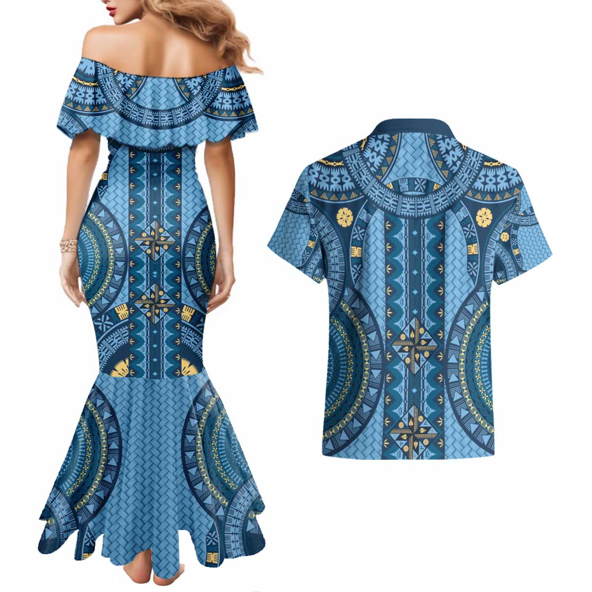 Bula Fiji Vintage Couples Matching Mermaid Dress and Hawaiian Shirt Prussian Blue Masi Motifs LT7 - Polynesian Pride