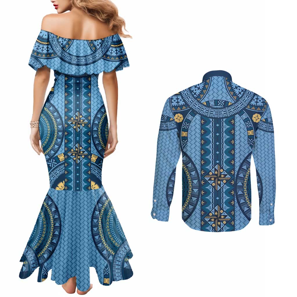Bula Fiji Vintage Couples Matching Mermaid Dress and Long Sleeve Button Shirt Prussian Blue Masi Motifs