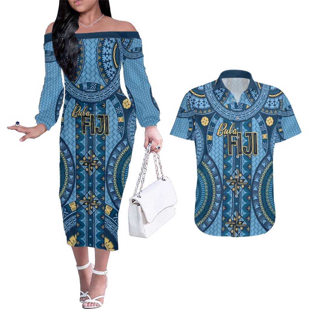 Bula Fiji Vintage Couples Matching Off The Shoulder Long Sleeve Dress and Hawaiian Shirt Prussian Blue Masi Motifs LT7 Prussian Blue - Polynesian Pride