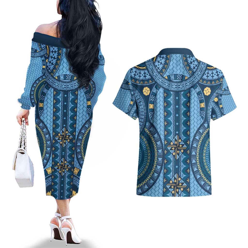 Bula Fiji Vintage Couples Matching Off The Shoulder Long Sleeve Dress and Hawaiian Shirt Prussian Blue Masi Motifs LT7 - Polynesian Pride
