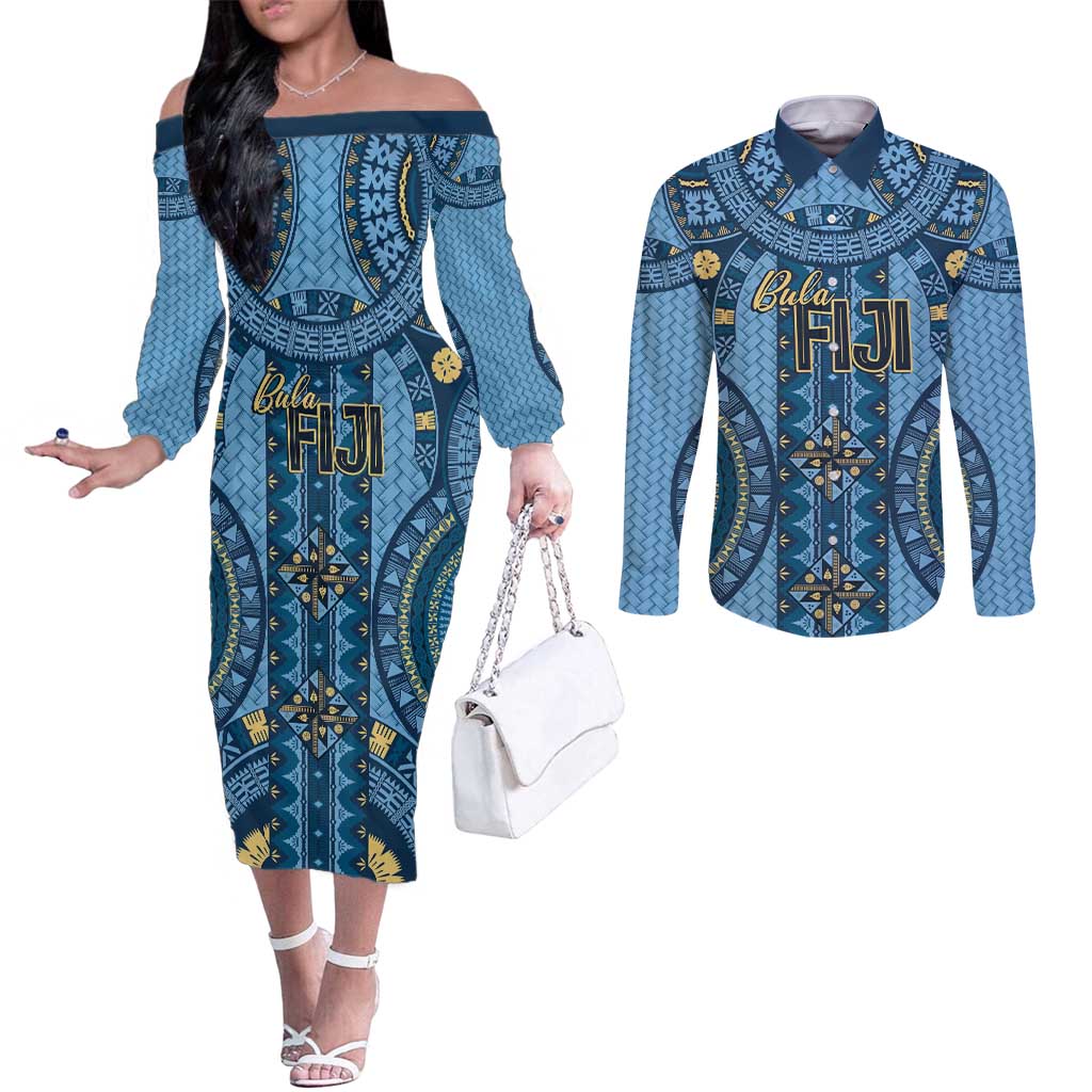 Bula Fiji Vintage Couples Matching Off The Shoulder Long Sleeve Dress and Long Sleeve Button Shirt Prussian Blue Masi Motifs