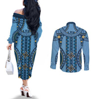 Bula Fiji Vintage Couples Matching Off The Shoulder Long Sleeve Dress and Long Sleeve Button Shirt Prussian Blue Masi Motifs