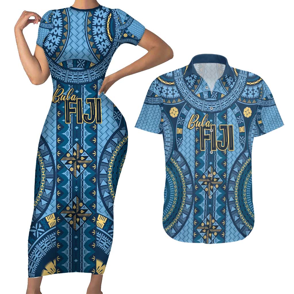 Bula Fiji Vintage Couples Matching Short Sleeve Bodycon Dress and Hawaiian Shirt Prussian Blue Masi Motifs LT7 Prussian Blue - Polynesian Pride