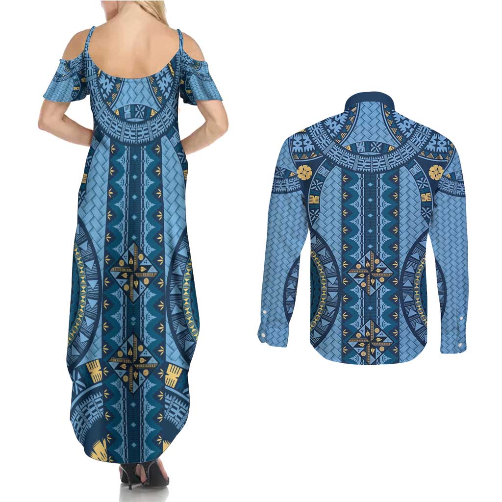 Bula Fiji Vintage Couples Matching Summer Maxi Dress and Long Sleeve Button Shirt Prussian Blue Masi Motifs