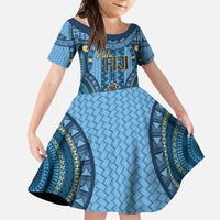 Bula Fiji Vintage Family Matching Long Sleeve Bodycon Dress and Hawaiian Shirt Prussian Blue Masi Motifs LT7 Daughter's Dress Prussian Blue - Polynesian Pride
