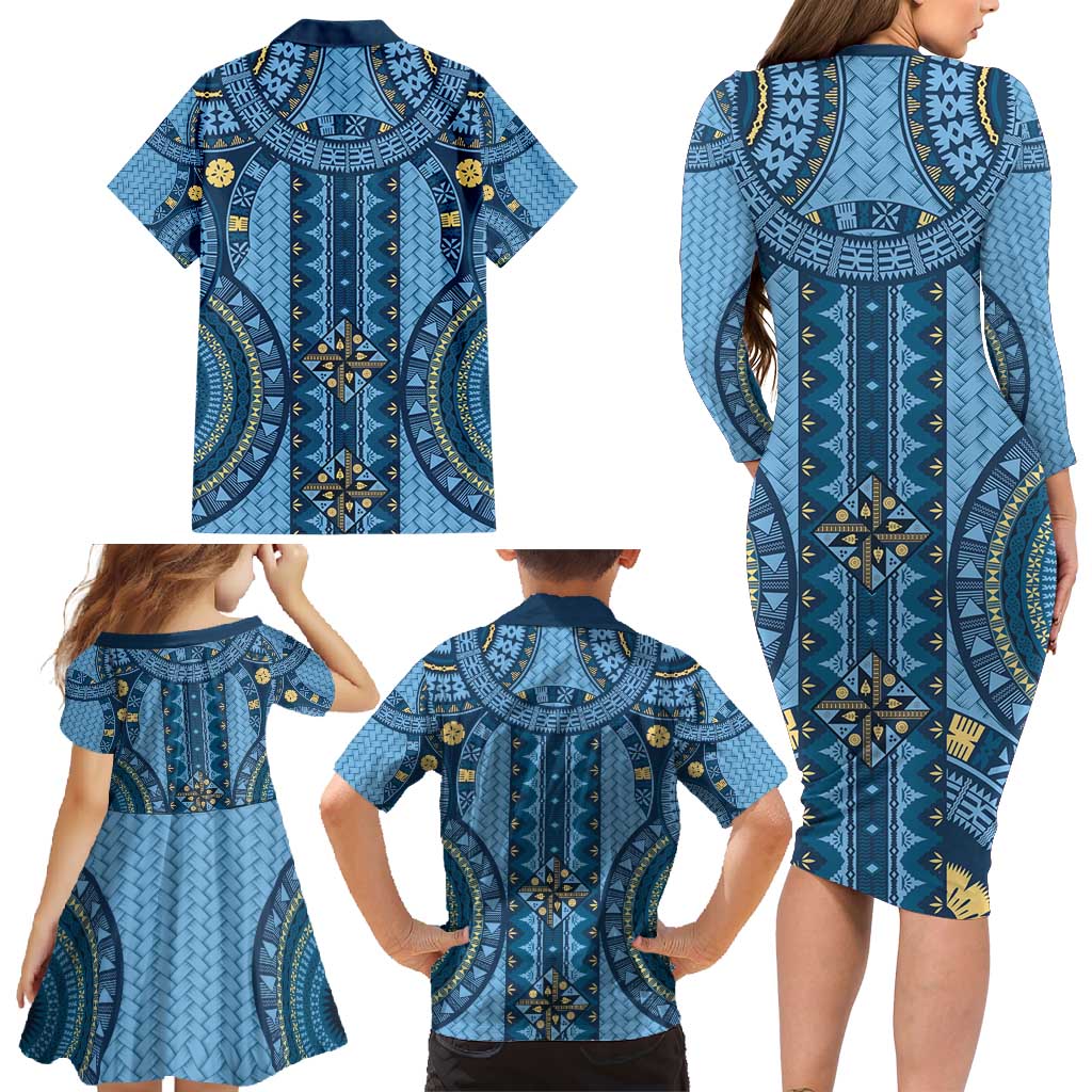 Bula Fiji Vintage Family Matching Long Sleeve Bodycon Dress and Hawaiian Shirt Prussian Blue Masi Motifs LT7 - Polynesian Pride