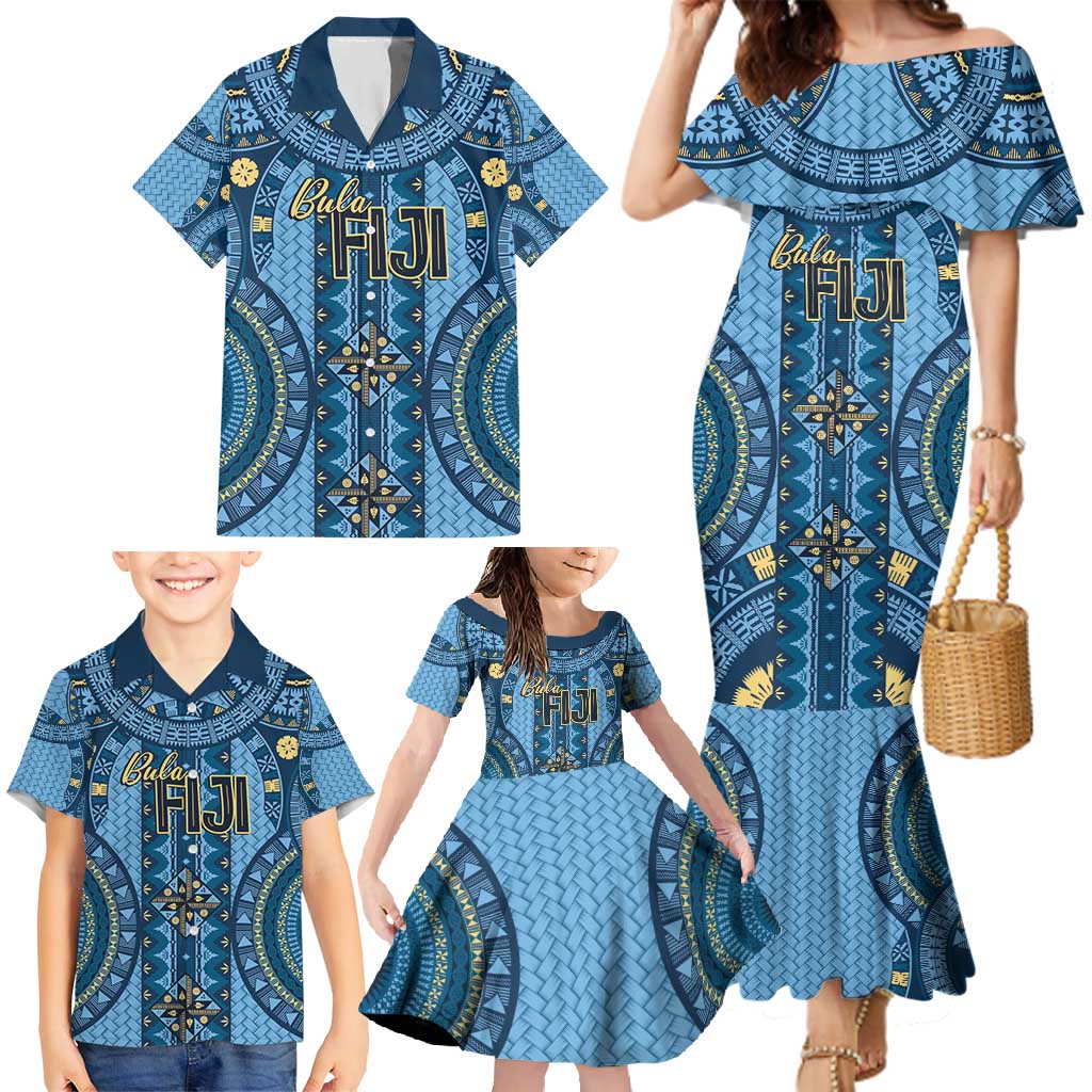 Bula Fiji Vintage Family Matching Mermaid Dress and Hawaiian Shirt Prussian Blue Masi Motifs LT7 - Polynesian Pride