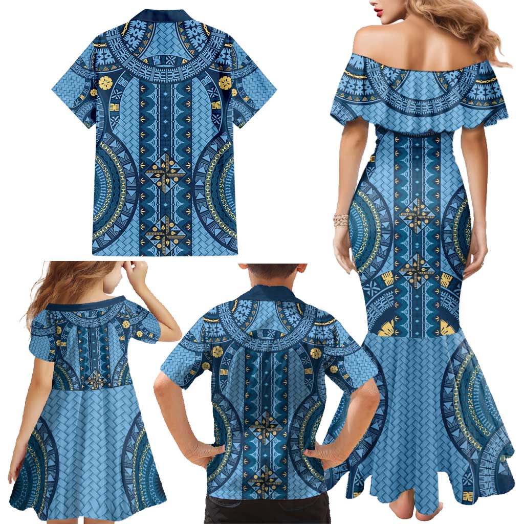Bula Fiji Vintage Family Matching Mermaid Dress and Hawaiian Shirt Prussian Blue Masi Motifs LT7 - Polynesian Pride