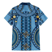 Bula Fiji Vintage Family Matching Mermaid Dress and Hawaiian Shirt Prussian Blue Masi Motifs LT7 - Polynesian Pride