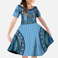 Bula Fiji Vintage Family Matching Off The Shoulder Long Sleeve Dress and Hawaiian Shirt Prussian Blue Masi Motifs LT7 Daughter's Dress Prussian Blue - Polynesian Pride