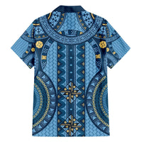 Bula Fiji Vintage Family Matching Off The Shoulder Long Sleeve Dress and Hawaiian Shirt Prussian Blue Masi Motifs LT7 - Polynesian Pride