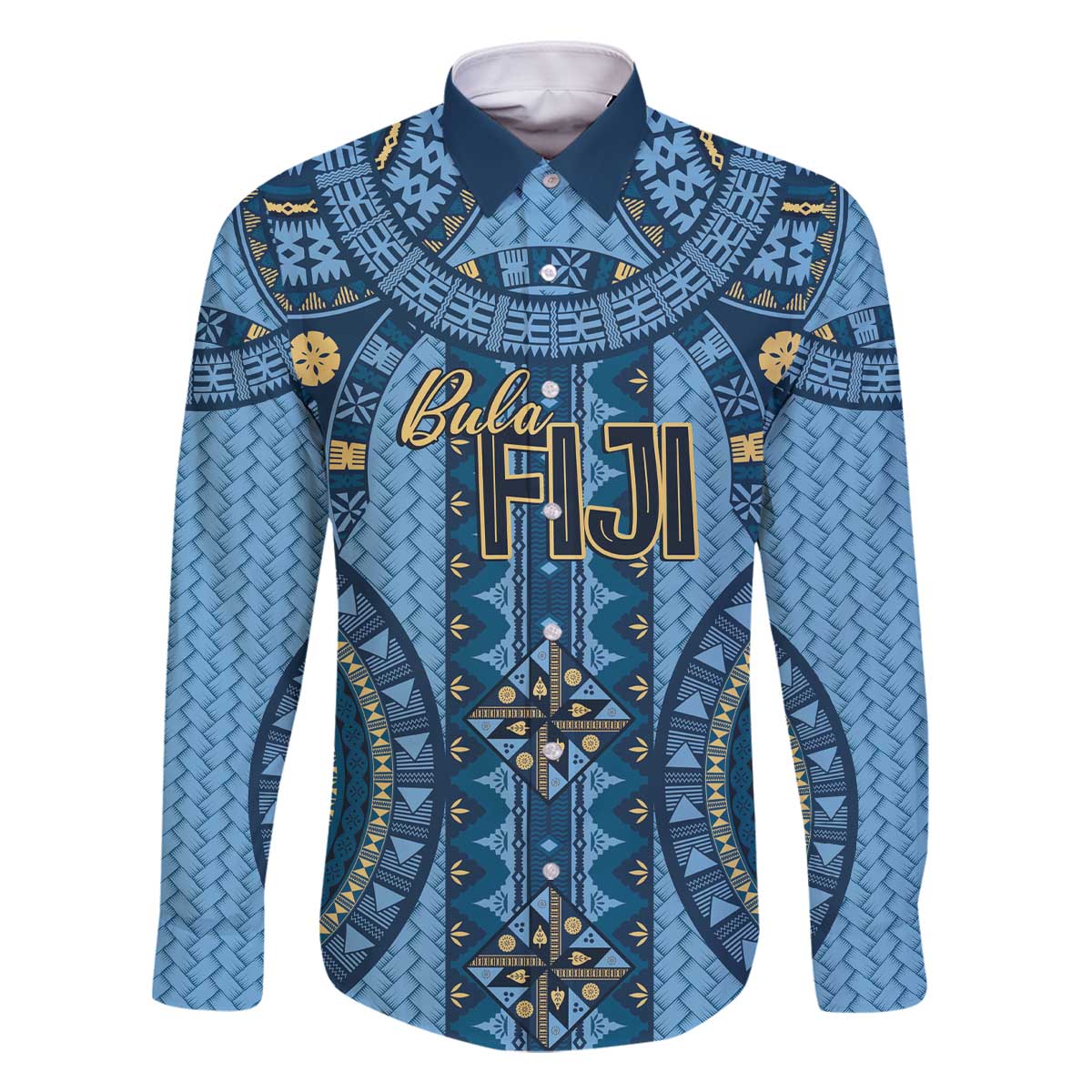 Bula Fiji Vintage Family Matching Off The Shoulder Long Sleeve Dress and Hawaiian Shirt Prussian Blue Masi Motifs LT7 Dad's Shirt - Long Sleeve Prussian Blue - Polynesian Pride