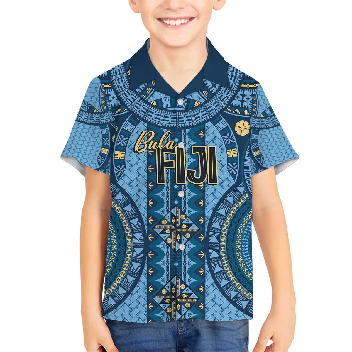 Bula Fiji Vintage Family Matching Off The Shoulder Long Sleeve Dress and Hawaiian Shirt Prussian Blue Masi Motifs LT7 Son's Shirt Prussian Blue - Polynesian Pride
