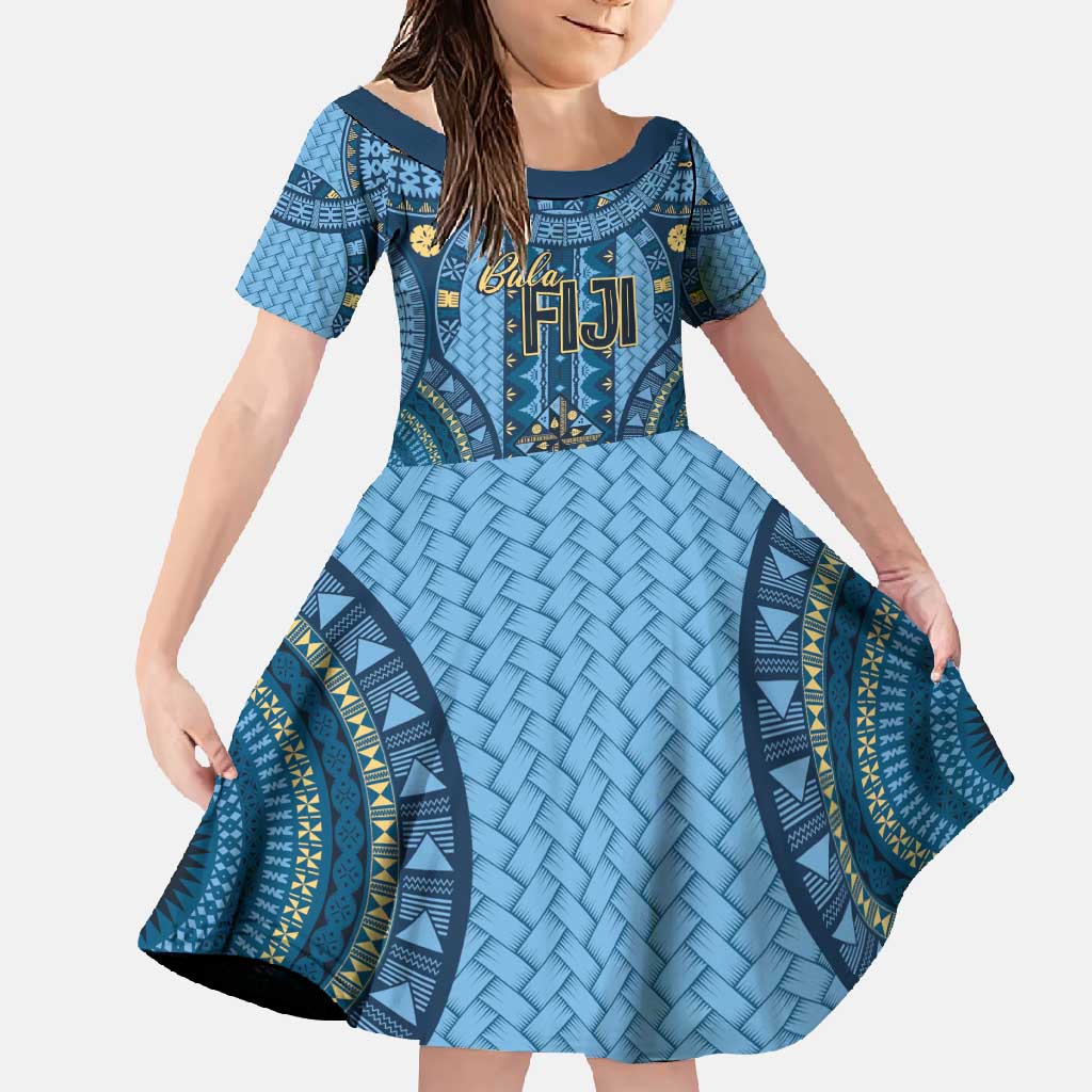 Bula Fiji Vintage Family Matching Off Shoulder Maxi Dress and Hawaiian Shirt Prussian Blue Masi Motifs LT7 Daughter's Dress Prussian Blue - Polynesian Pride