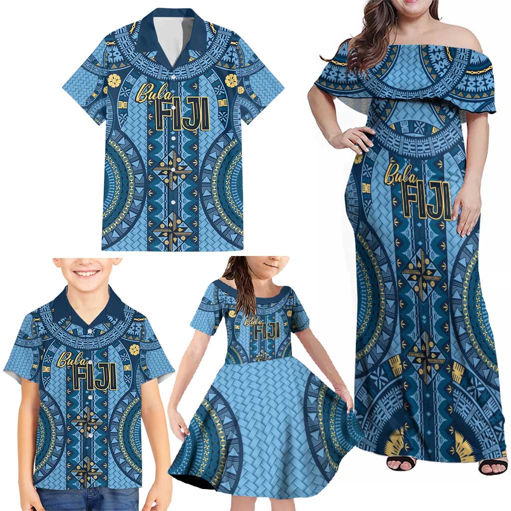 Bula Fiji Vintage Family Matching Off Shoulder Maxi Dress and Hawaiian Shirt Prussian Blue Masi Motifs LT7 - Polynesian Pride