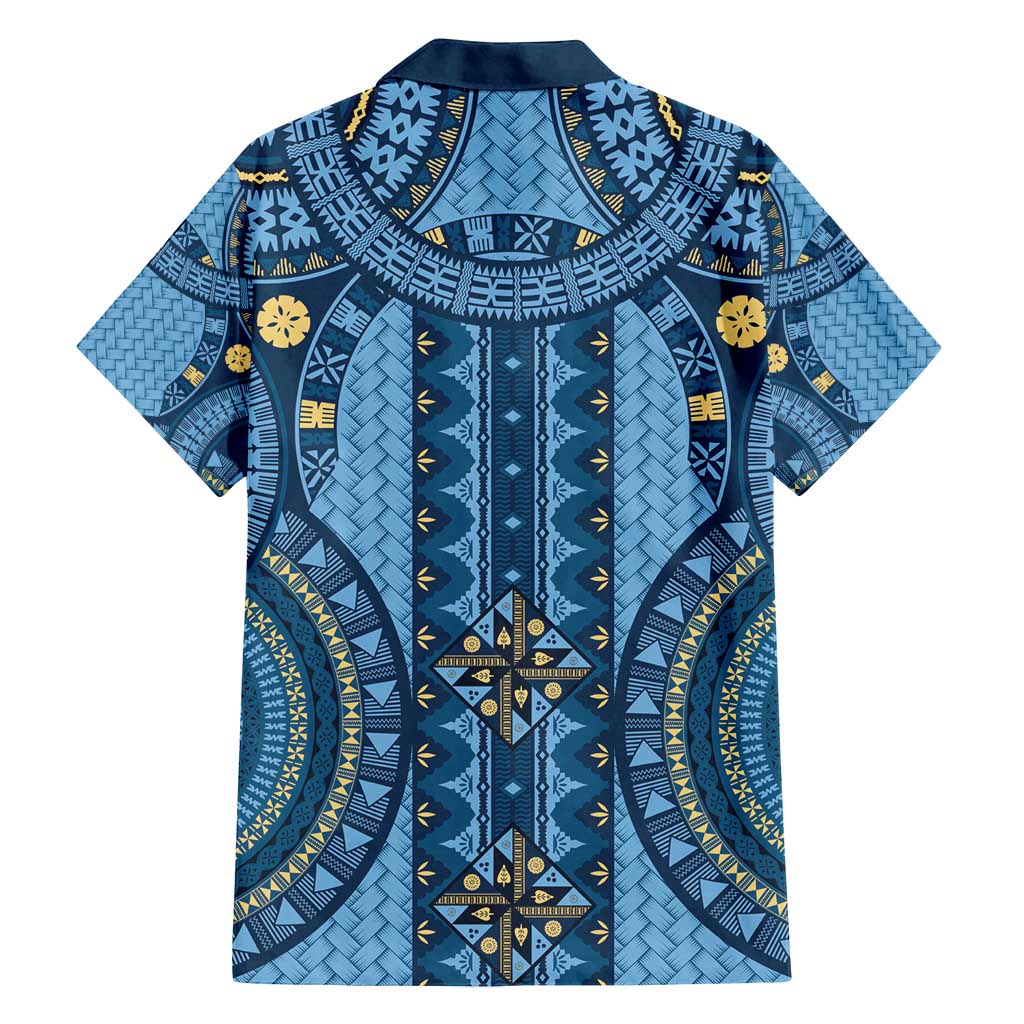 Bula Fiji Vintage Family Matching Off Shoulder Maxi Dress and Hawaiian Shirt Prussian Blue Masi Motifs LT7 - Polynesian Pride