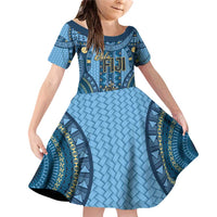 Bula Fiji Vintage Family Matching Off Shoulder Short Dress and Hawaiian Shirt Prussian Blue Masi Motifs LT7 Daughter's Dress Prussian Blue - Polynesian Pride