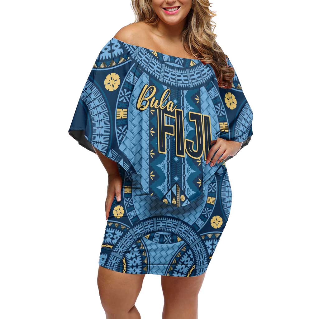 Bula Fiji Vintage Family Matching Off Shoulder Short Dress and Hawaiian Shirt Prussian Blue Masi Motifs LT7 Mom's Dress Prussian Blue - Polynesian Pride
