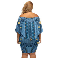 Bula Fiji Vintage Family Matching Off Shoulder Short Dress and Hawaiian Shirt Prussian Blue Masi Motifs LT7 - Polynesian Pride