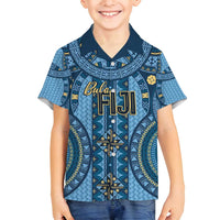 Bula Fiji Vintage Family Matching Off Shoulder Short Dress and Hawaiian Shirt Prussian Blue Masi Motifs LT7 Son's Shirt Prussian Blue - Polynesian Pride