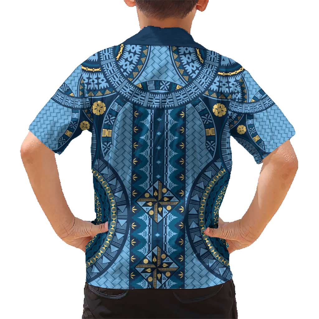 Bula Fiji Vintage Family Matching Short Sleeve Bodycon Dress and Hawaiian Shirt Prussian Blue Masi Motifs LT7 - Polynesian Pride