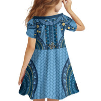 Bula Fiji Vintage Family Matching Short Sleeve Bodycon Dress and Hawaiian Shirt Prussian Blue Masi Motifs LT7 - Polynesian Pride