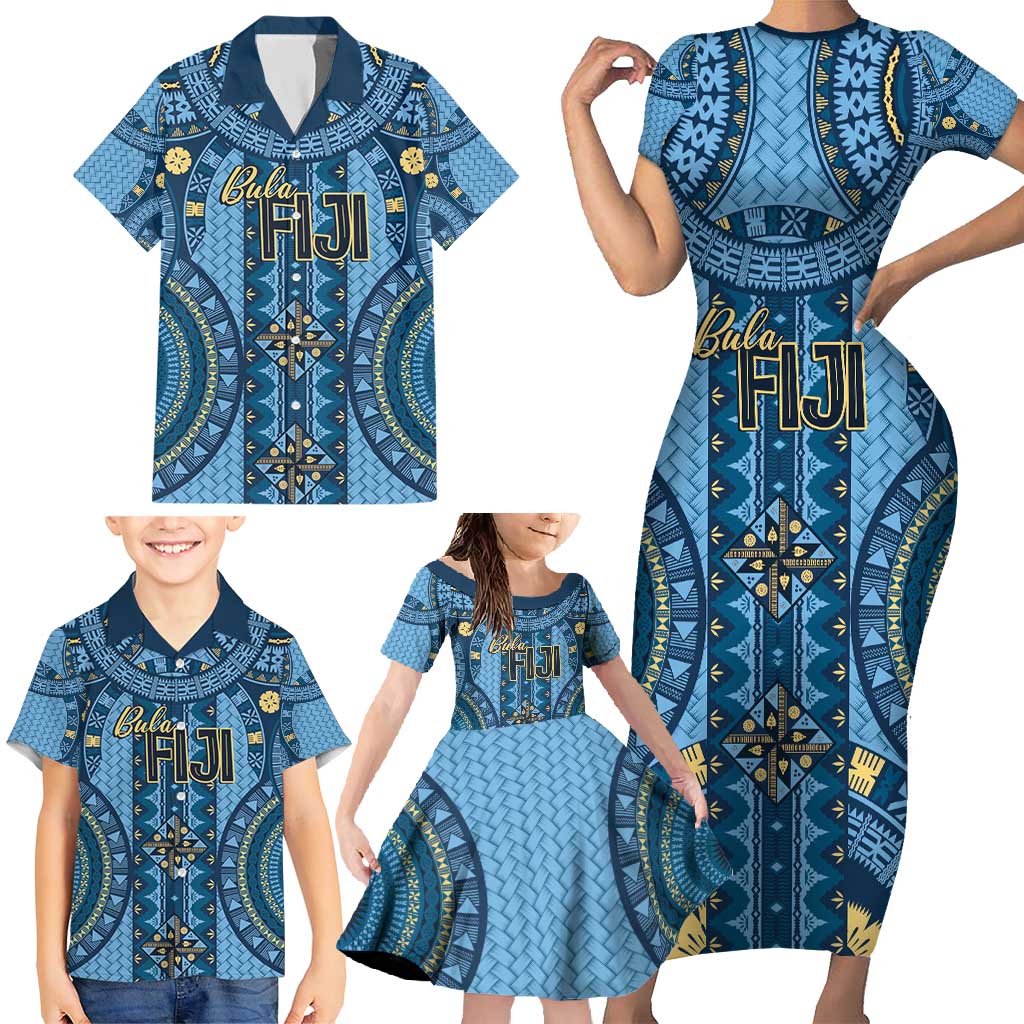 Bula Fiji Vintage Family Matching Short Sleeve Bodycon Dress and Hawaiian Shirt Prussian Blue Masi Motifs LT7 - Polynesian Pride