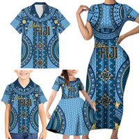 Bula Fiji Vintage Family Matching Short Sleeve Bodycon Dress and Hawaiian Shirt Prussian Blue Masi Motifs LT7 - Polynesian Pride