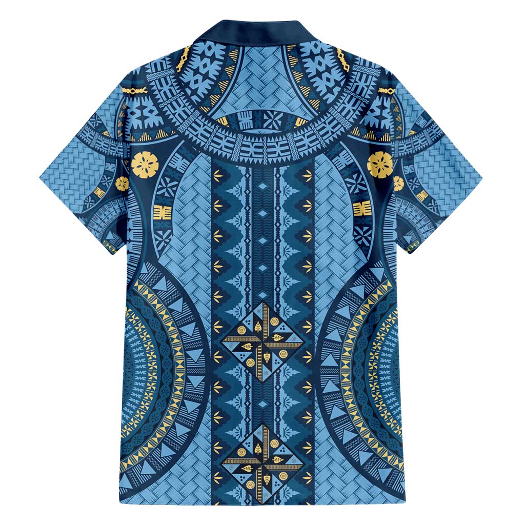 Bula Fiji Vintage Family Matching Short Sleeve Bodycon Dress and Hawaiian Shirt Prussian Blue Masi Motifs LT7 - Polynesian Pride