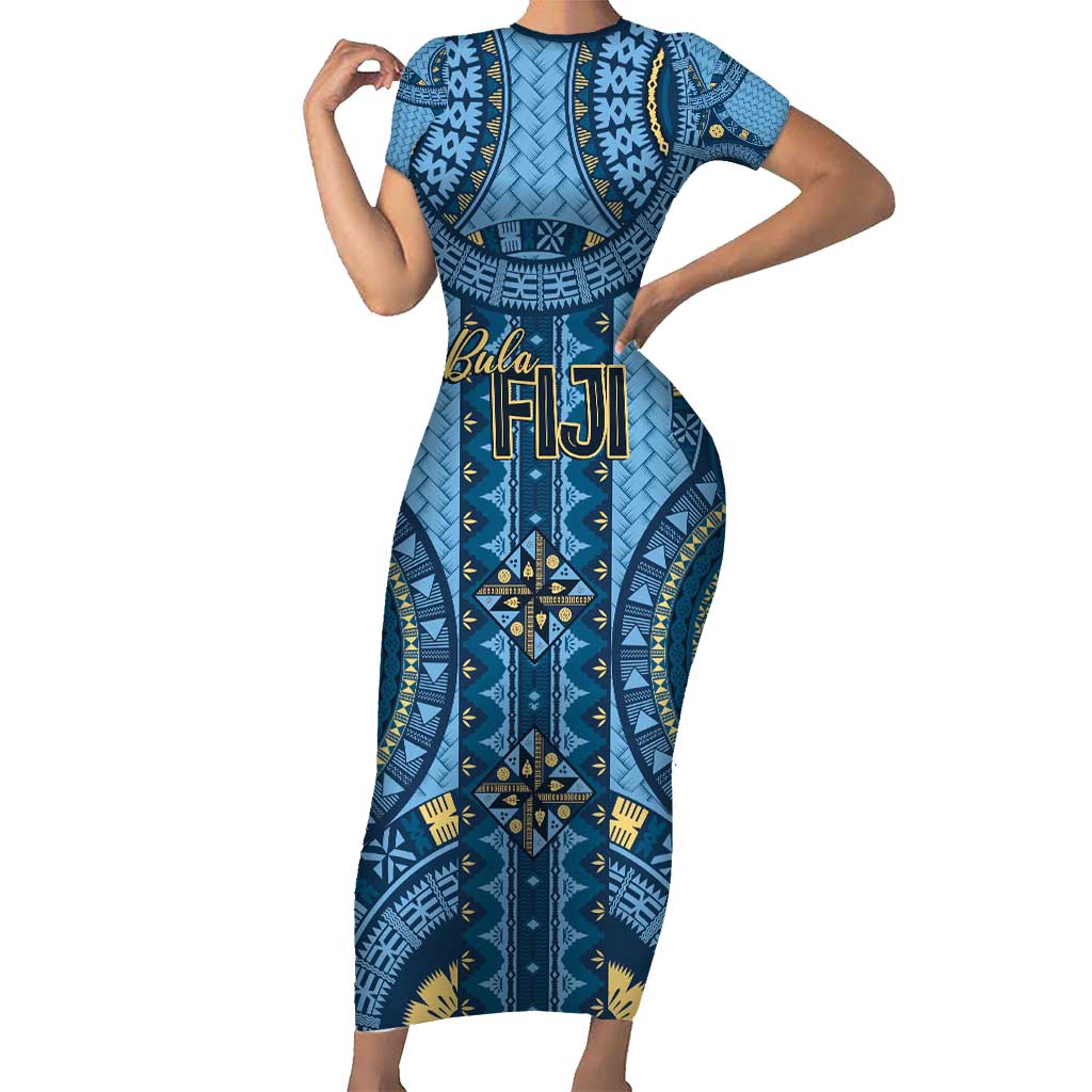 Bula Fiji Vintage Family Matching Short Sleeve Bodycon Dress and Hawaiian Shirt Prussian Blue Masi Motifs LT7 Mom's Dress Prussian Blue - Polynesian Pride